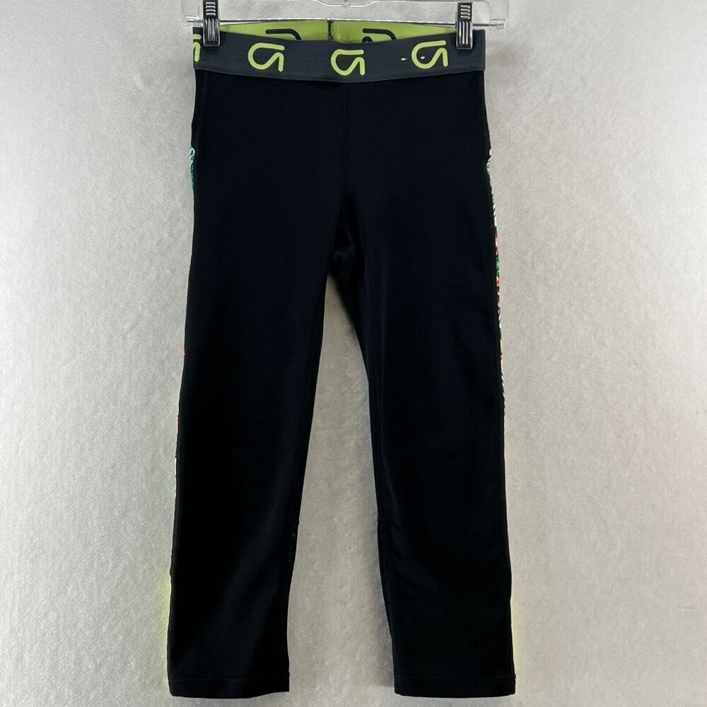 GapFit Capri Leggings Women Sz XS Gfast Floral Panel Elastic Waist Stretch Black